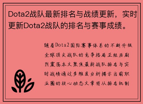 Dota2战队最新排名与战绩更新，实时更新Dota2战队的排名与赛事成绩。