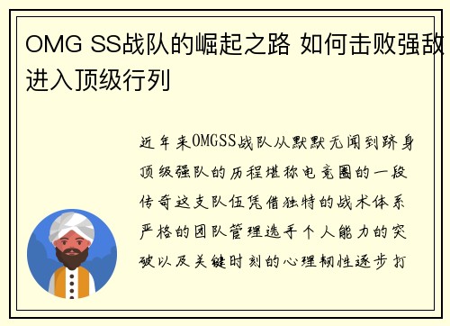 OMG SS战队的崛起之路 如何击败强敌进入顶级行列