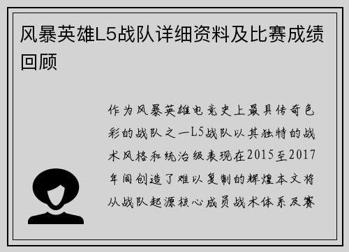 风暴英雄L5战队详细资料及比赛成绩回顾